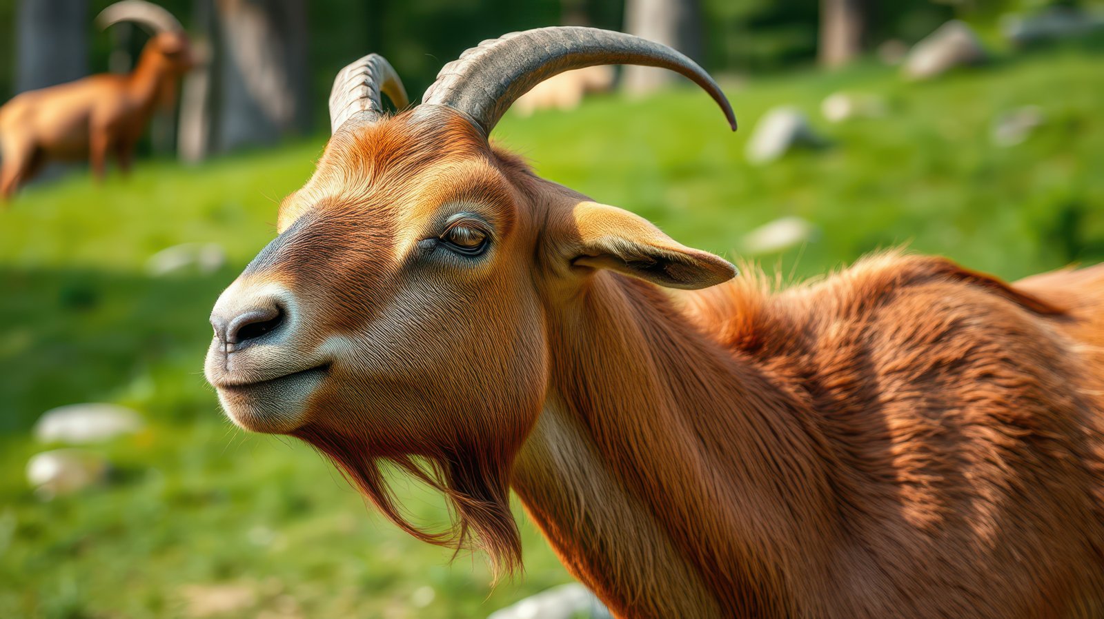 Playful goat in a lush green meadow during sunny afternoon